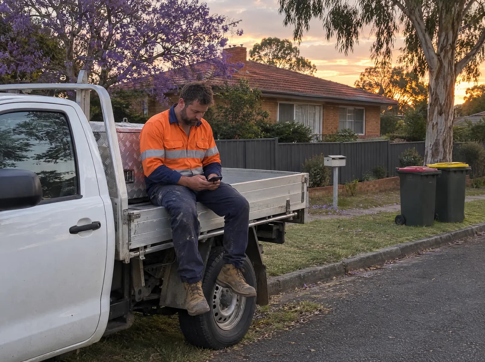 Electrician in hi-vis sitting on his ute tray at dusk, checking a quote on his phone outside a brick house