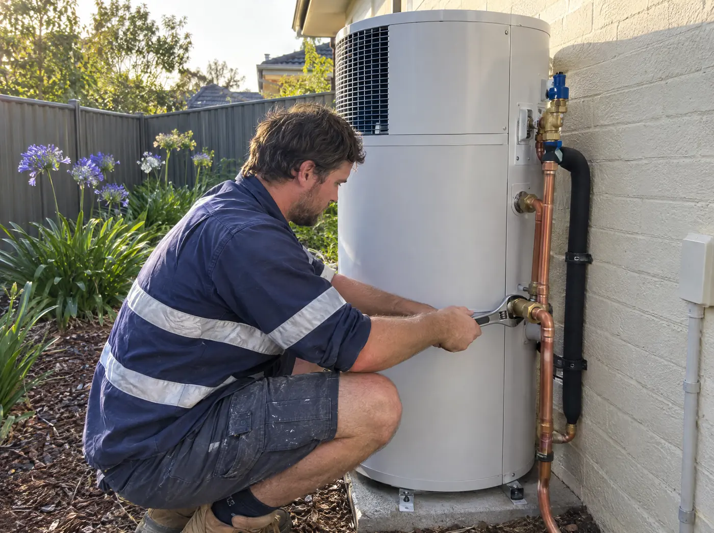 Plumber tightening a copper fitting on a new heat pump hot water system beside a house